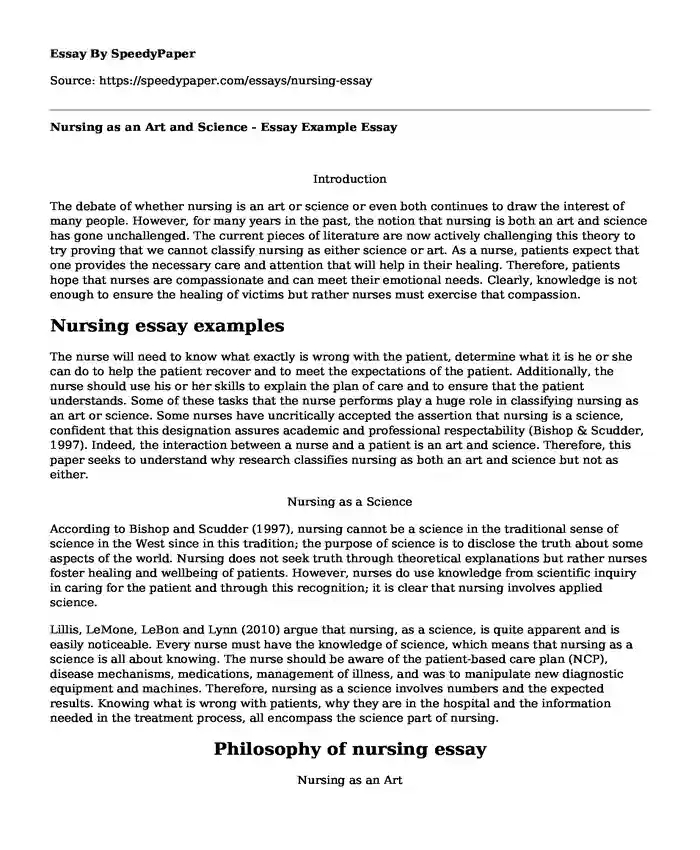 Nursing as an Art and Science - Essay Example