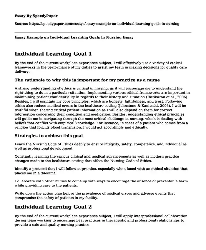 Essay Example on Individual Learning Goals in Nursing