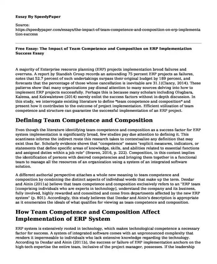 Free Essay: The Impact of Team Competence and Composition on ERP Implementation Success