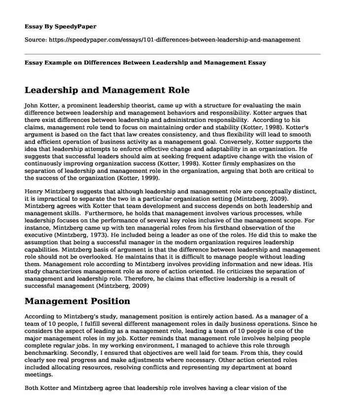 Essay Example on Differences Between Leadership and Management