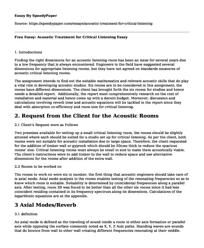 Free Essay: Acoustic Treatment for Critical Listening