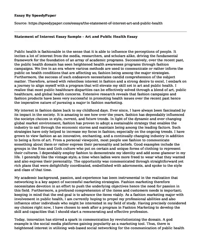 Statement of Interest Essay Sample - Art and Public Health