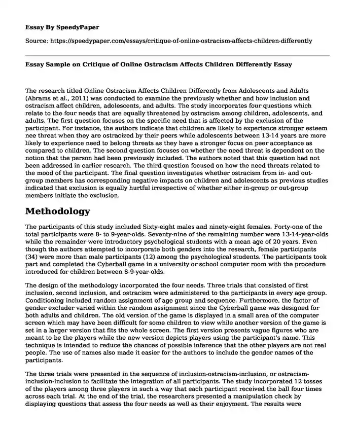 Essay Sample on Critique of Online Ostracism Affects Children Differently