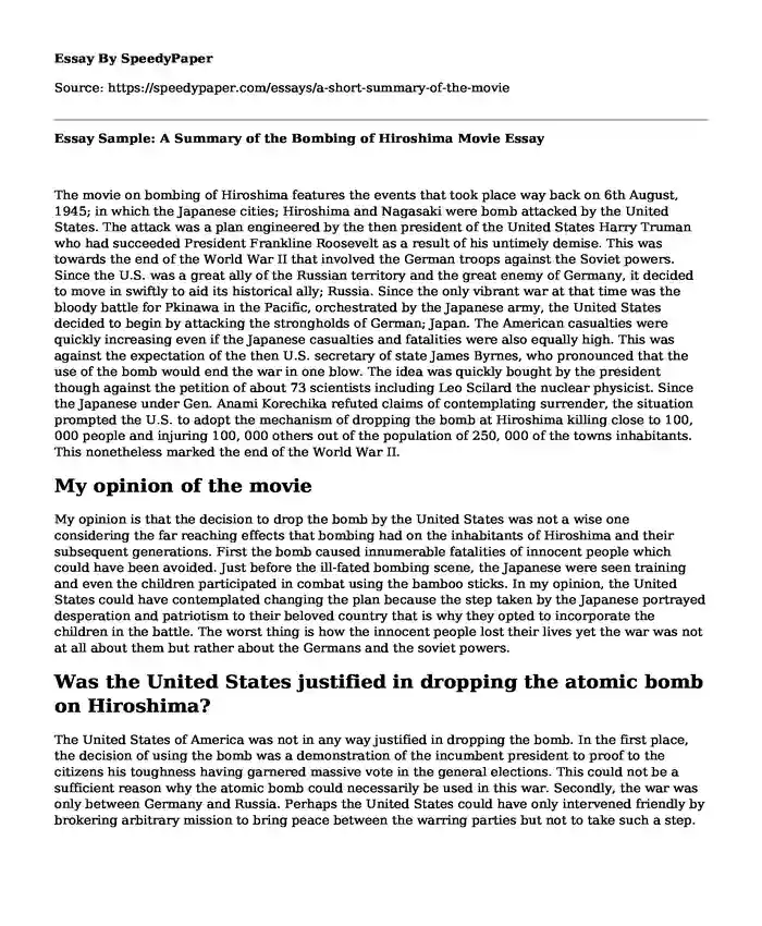 Essay Sample: A Summary of the Bombing of Hiroshima Movie