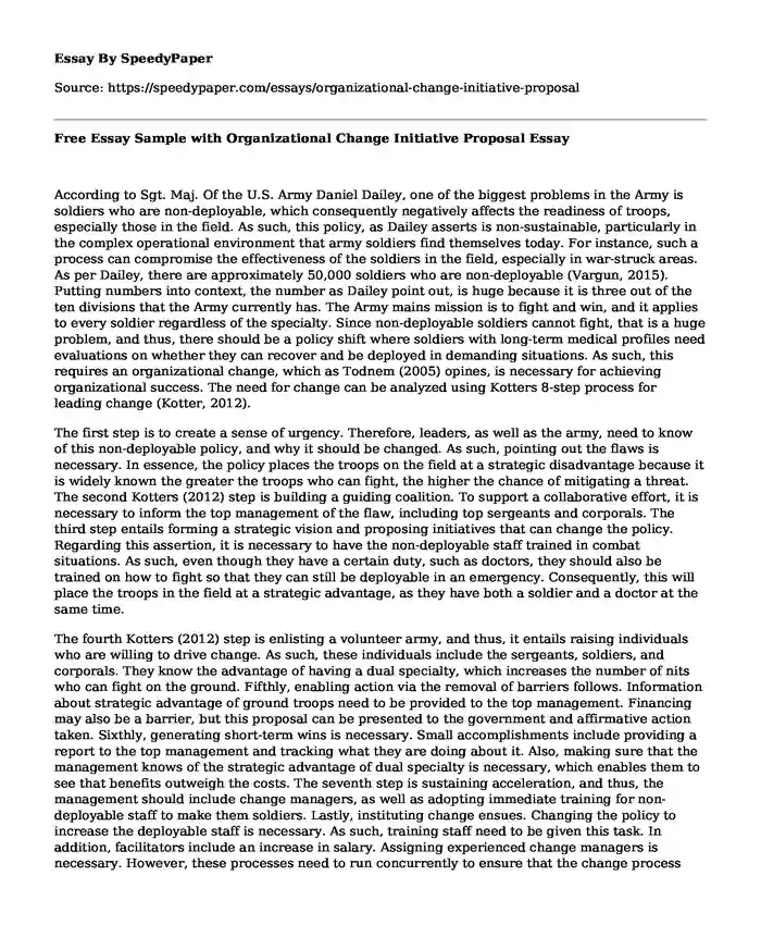 Free Essay Sample with Organizational Change Initiative Proposal