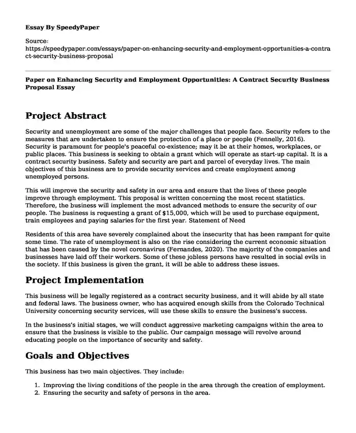Paper on Enhancing Security and Employment Opportunities: A Contract Security Business Proposal