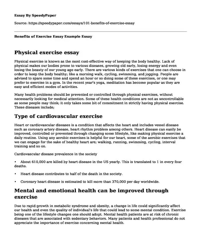 Benefits of Exercise Essay Example