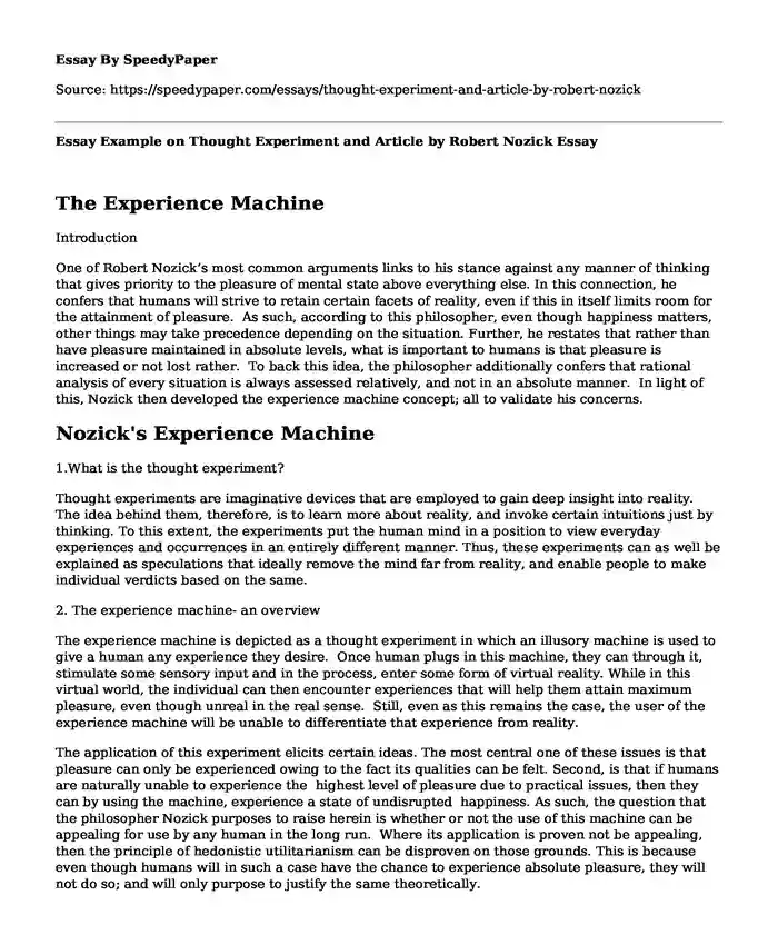 Essay Example on Thought Experiment and Article by Robert Nozick