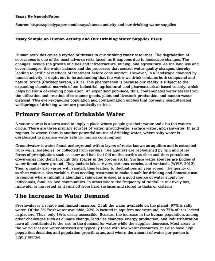 Essay Sample on Human Activity and Our Drinking Water Supplies