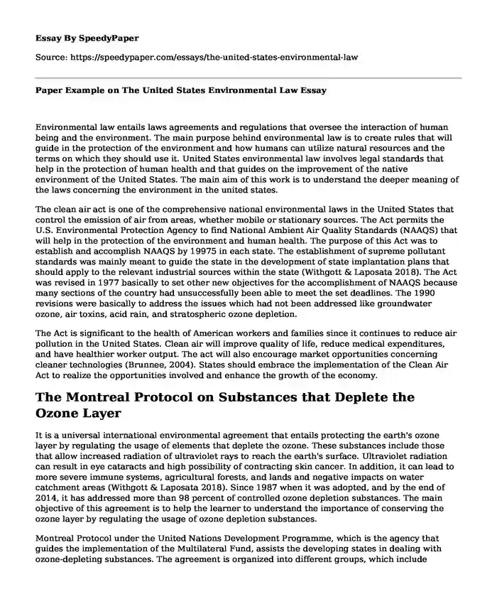 Paper Example on The United States Environmental Law