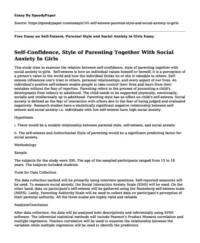 Free Essay on Self-Esteem, Parental Style and Social Anxiety in Girls