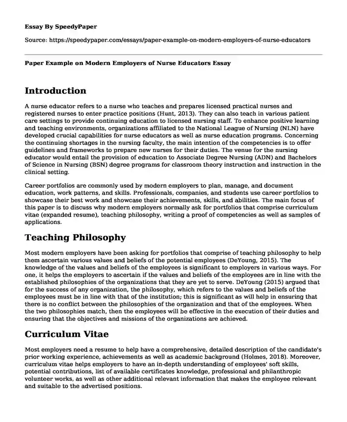 Paper Example on Modern Employers of Nurse Educators
