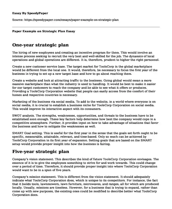 Paper Example on Strategic Plan