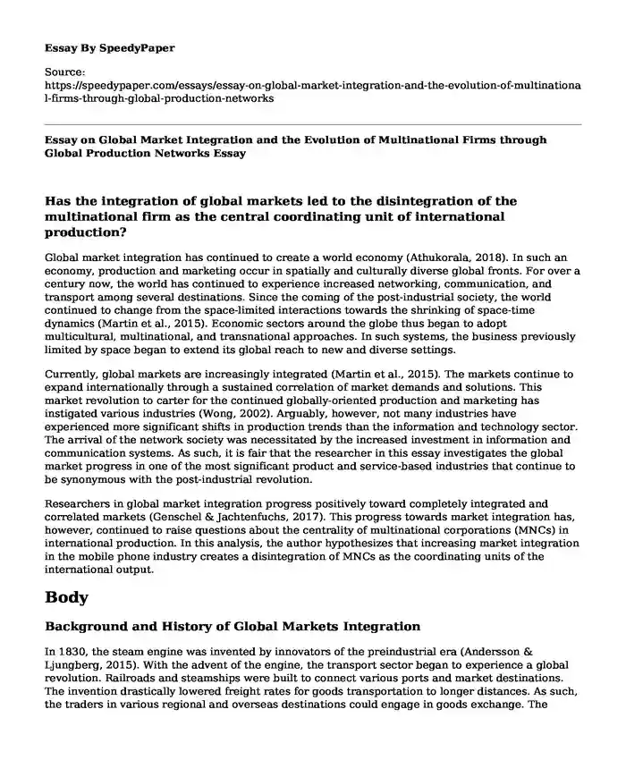 Essay on Global Market Integration and the Evolution of Multinational Firms through Global Production Networks