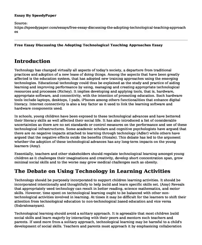 Free Essay Discussing the Adopting Technological Teaching Approaches
