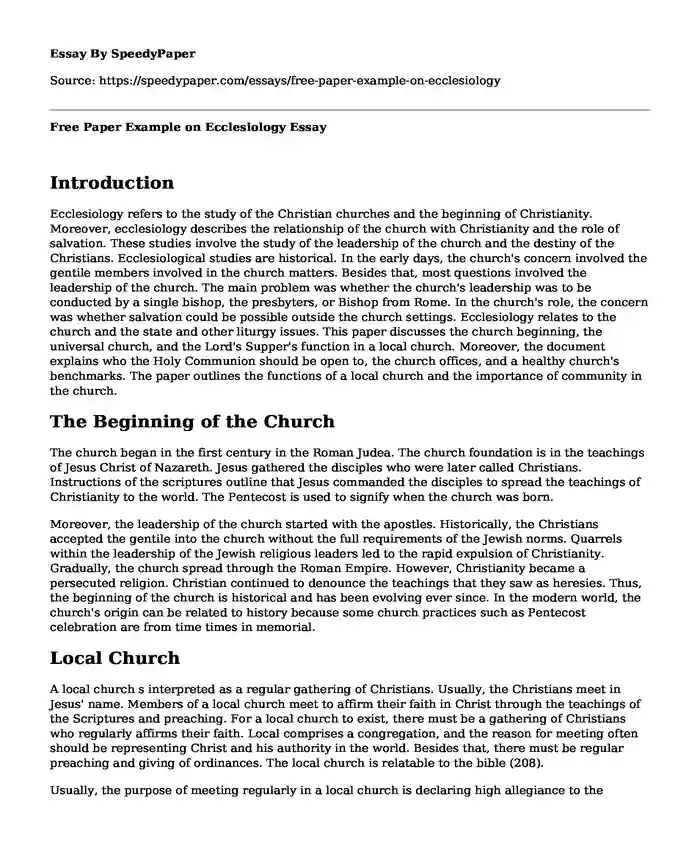 Free Paper Example on Ecclesiology