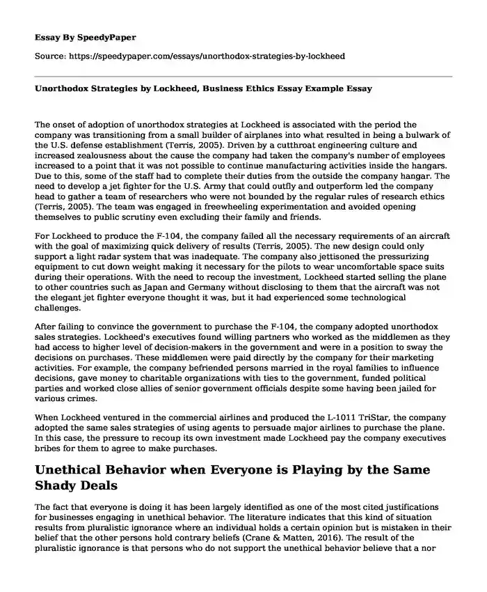 Unorthodox Strategies by Lockheed, Business Ethics Essay Example