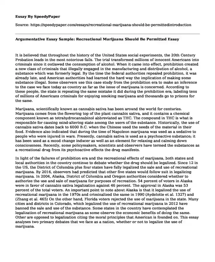 Argumentative Essay Sample: Recreational Marijuana Should Be Permitted
