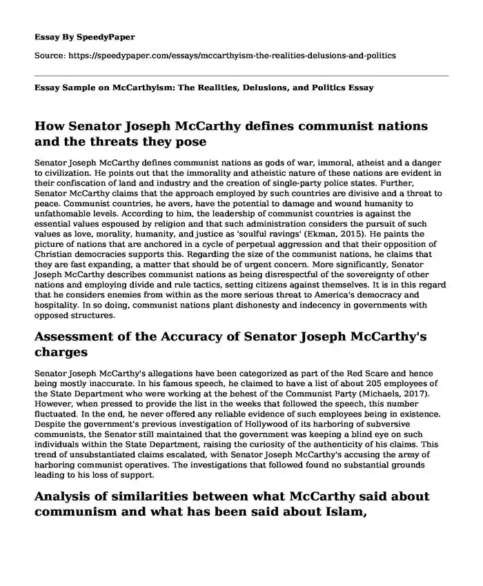 Essay Sample on McCarthyism: The Realities, Delusions, and Politics