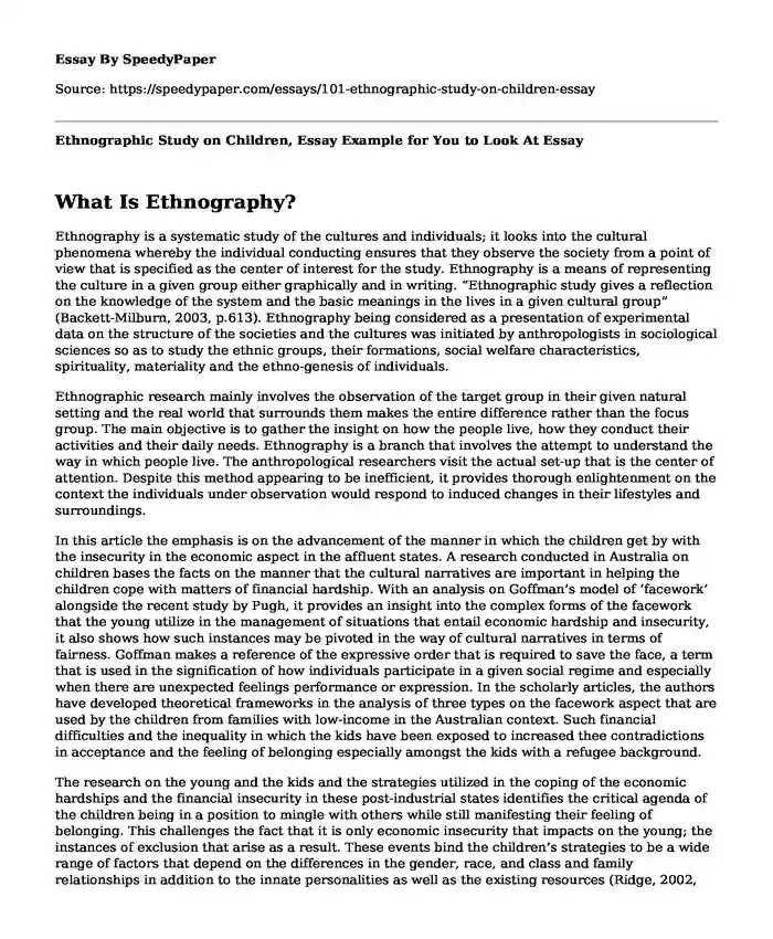 Ethnographic Study on Children, Essay Example for You to Look At