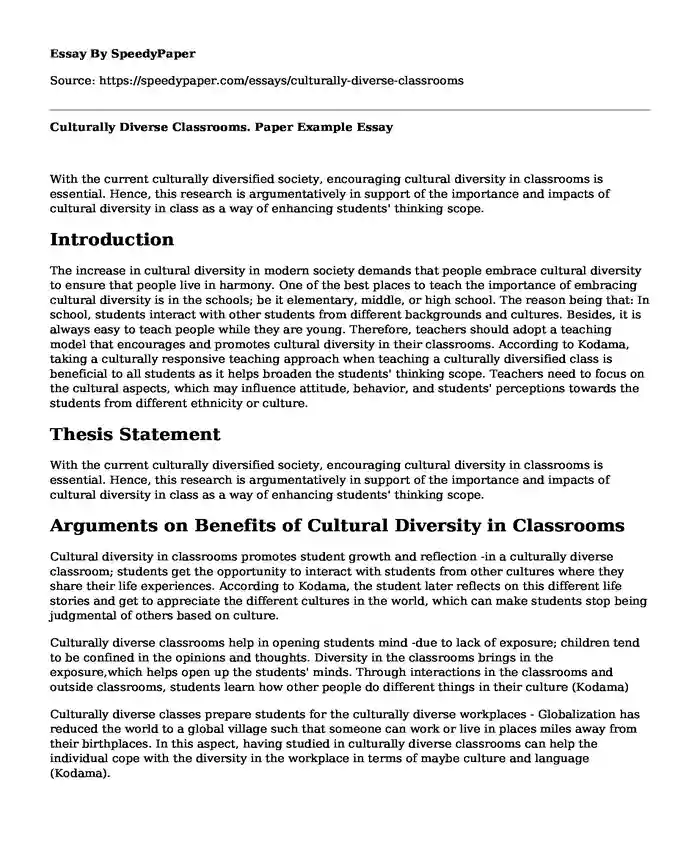 Culturally Diverse Classrooms. Paper Example