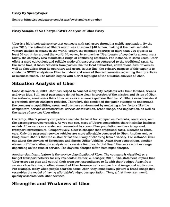 Essay Sample at No Charge: SWOT Analysis of Uber