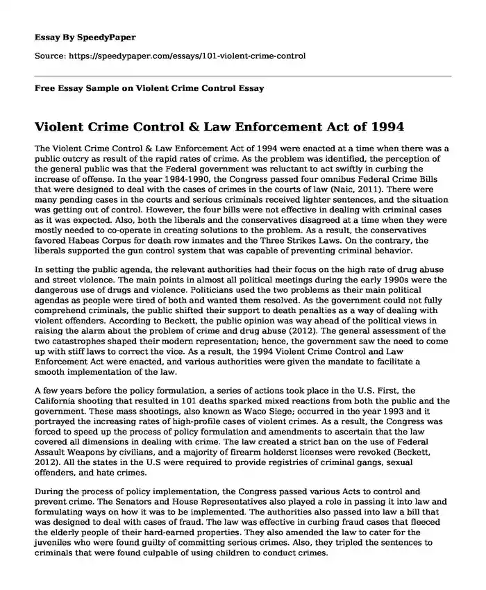 Free Essay Sample on Violent Crime Control