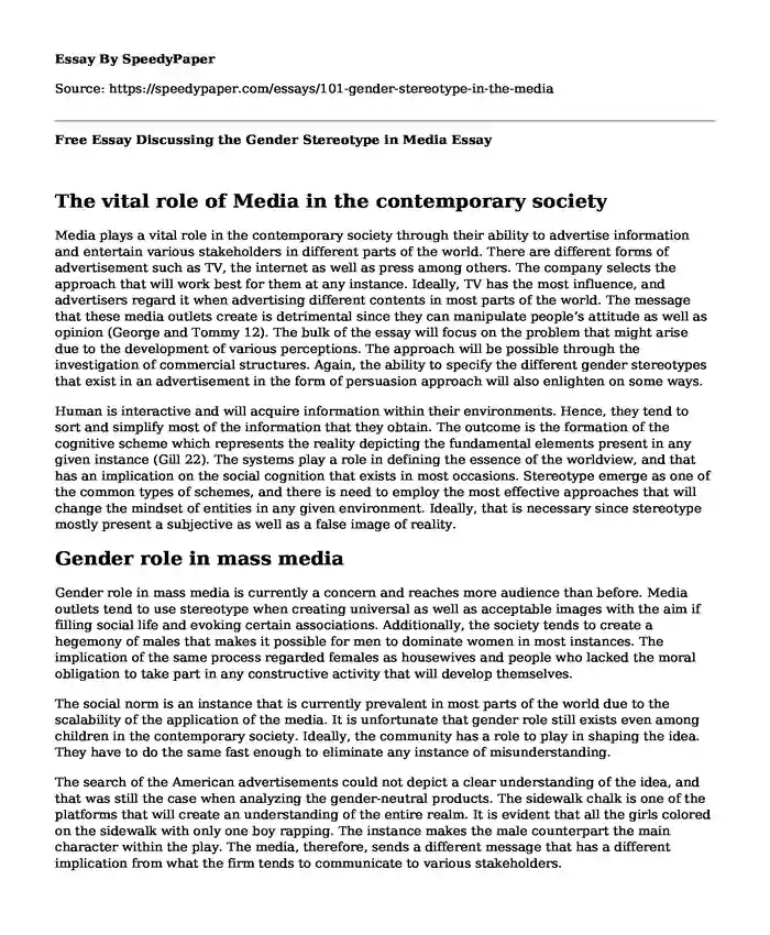 Free Essay Discussing the Gender Stereotype in Media