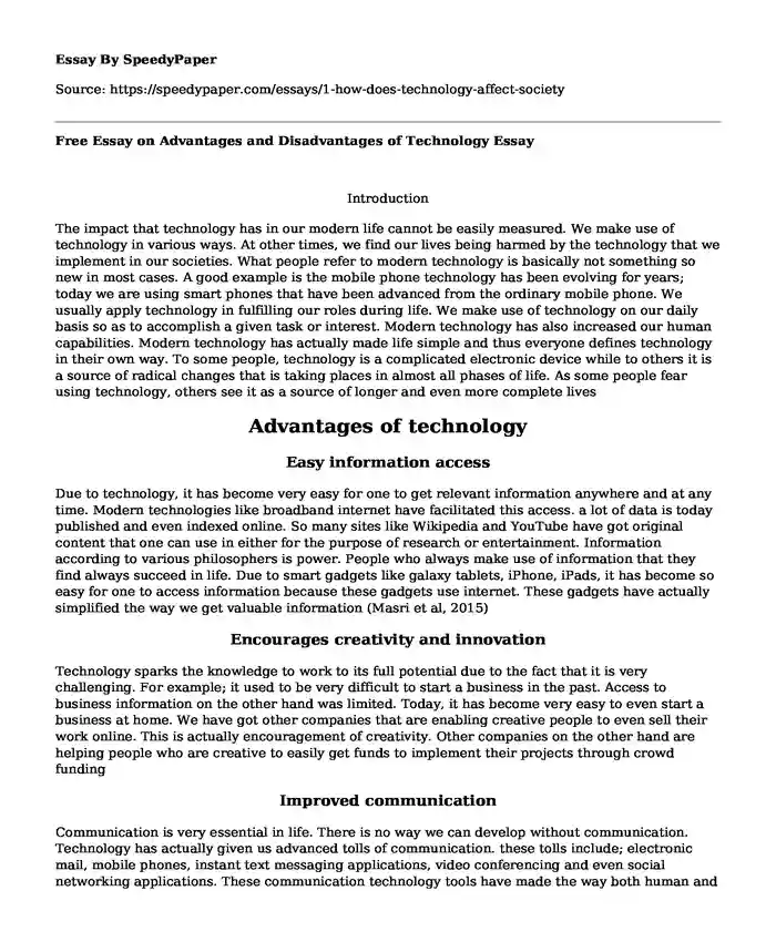 Free Essay on Advantages and Disadvantages of Technology