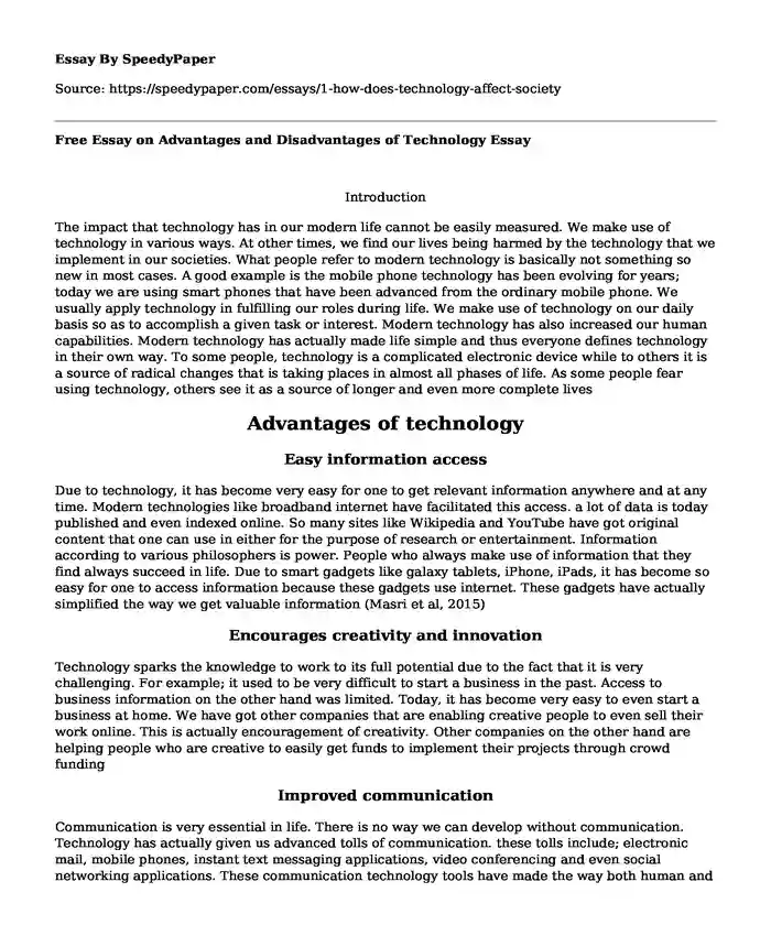 disadvantages of technology essay