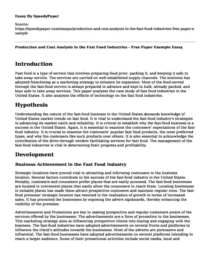 Production and Cost Analysis in the Fast Food Industries - Free Paper Example