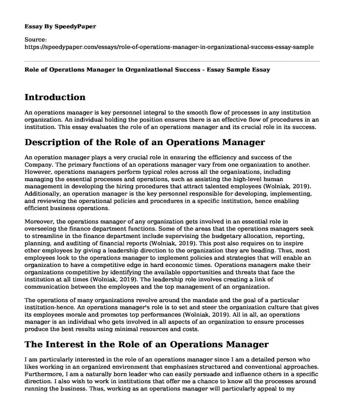Role of Operations Manager in Organizational Success - Essay Sample