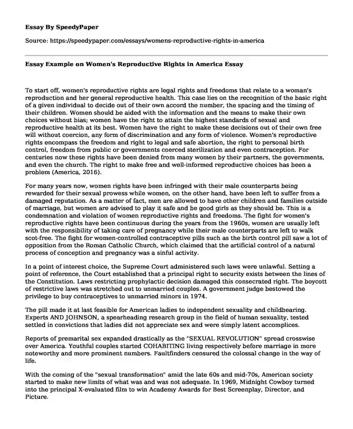 Essay Example on Women's Reproductive Rights in America