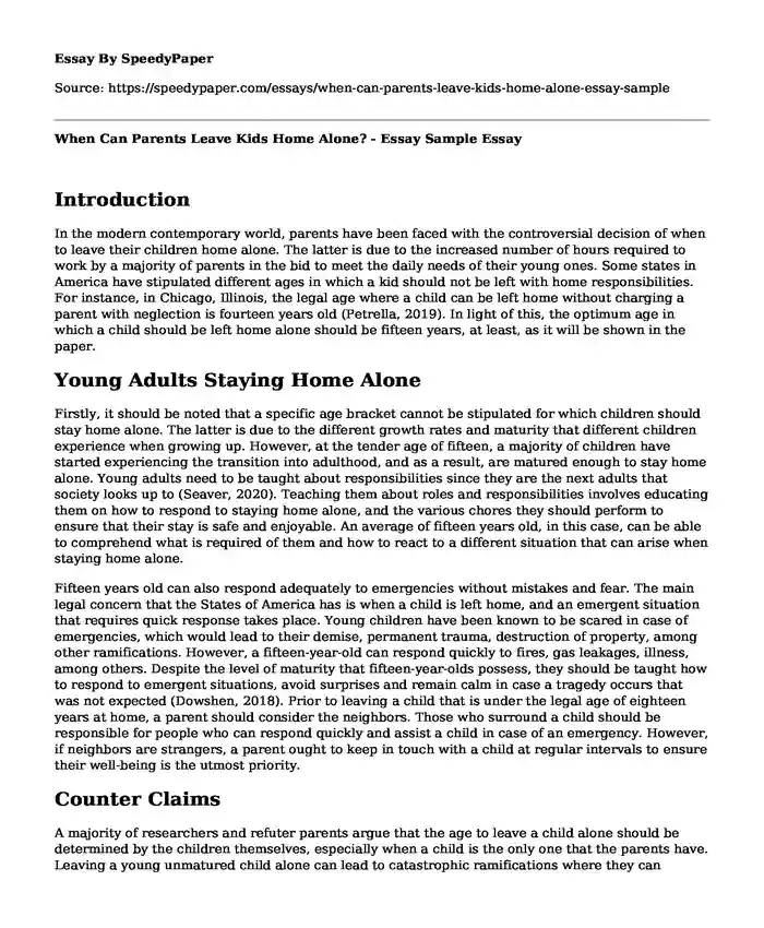 When Can Parents Leave Kids Home Alone? - Essay Sample