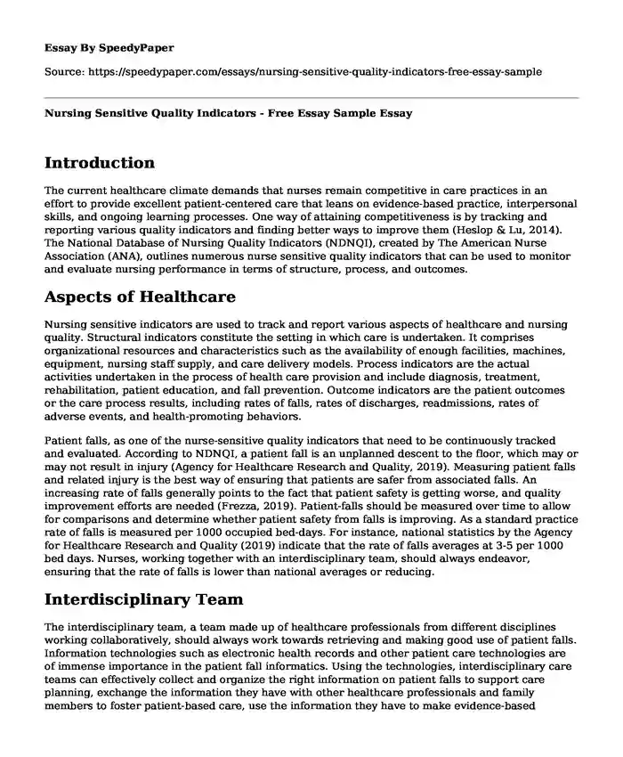 Nursing Sensitive Quality Indicators - Free Essay Sample