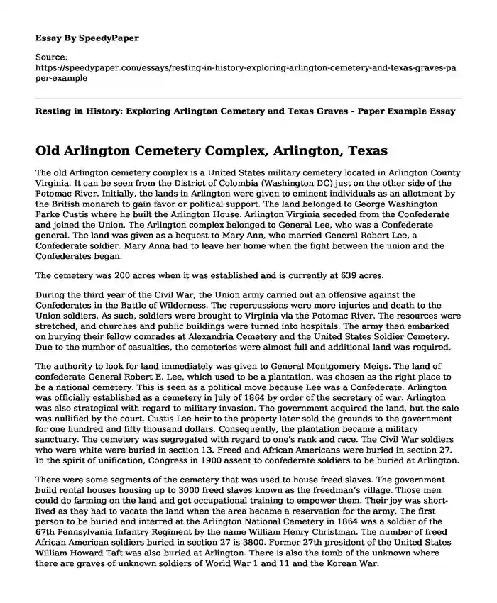 Resting in History: Exploring Arlington Cemetery and Texas Graves - Paper Example