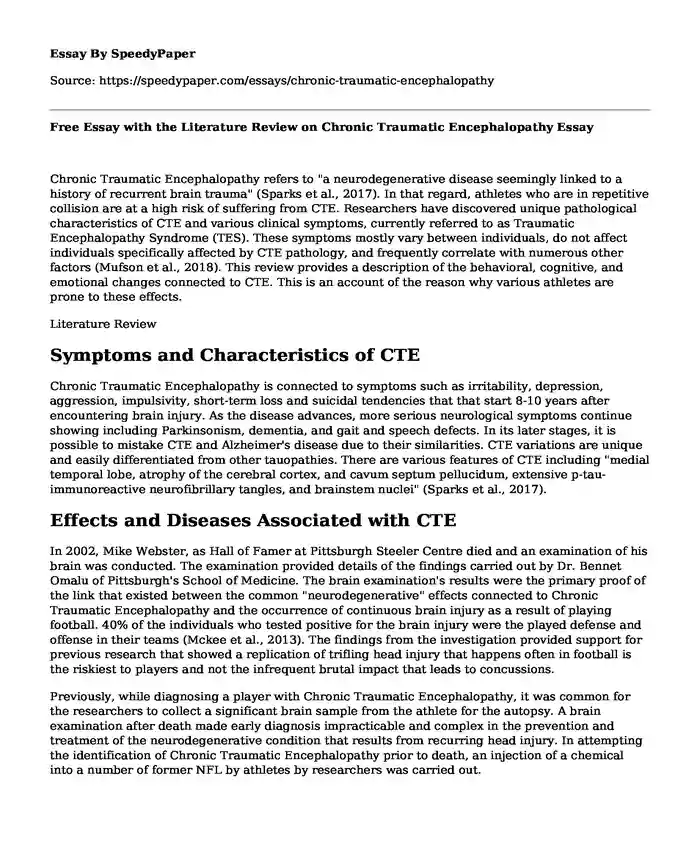 Free Essay with the Literature Review on Chronic Traumatic Encephalopathy