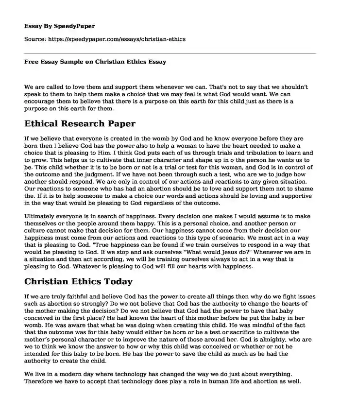 Free Essay Sample on Christian Ethics