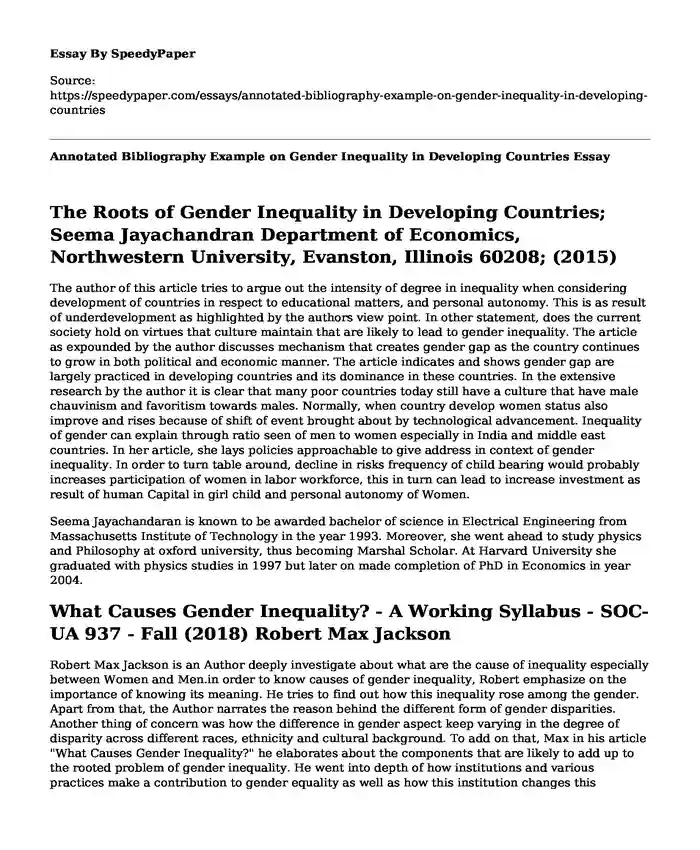 Annotated Bibliography Example on Gender Inequality in Developing Countries