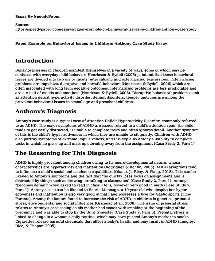 📗 Paper Example on Behavioral Issues in Children: Anthony Case Study ...