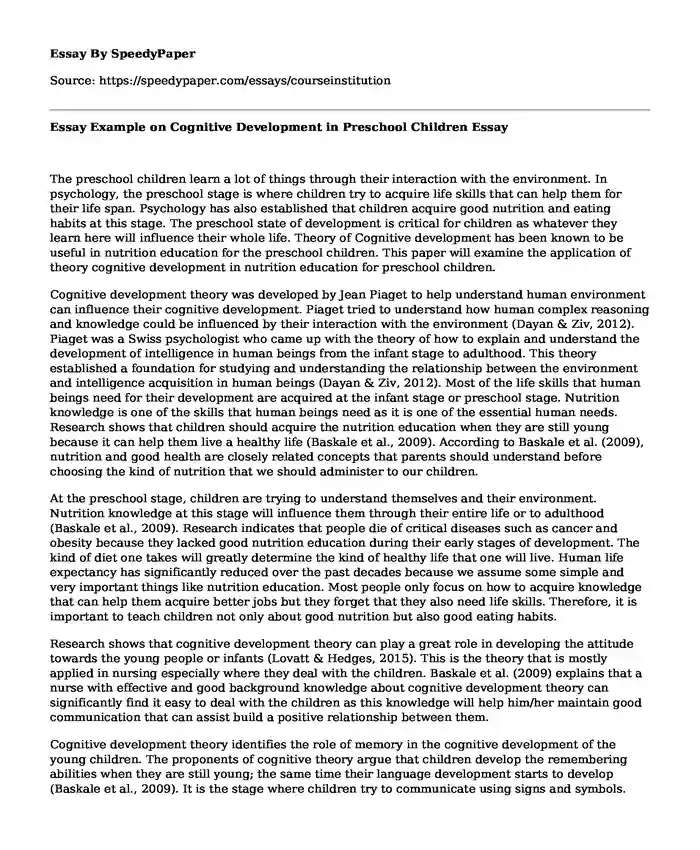 Essay Example on Cognitive Development in Preschool Children