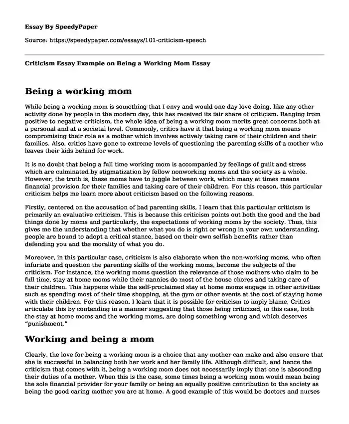 Criticism Essay Example on Being a Working Mom
