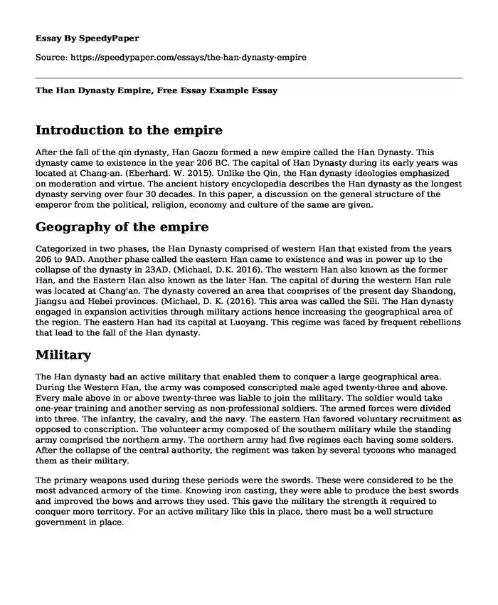 The Han Dynasty Empire, Free Essay Example