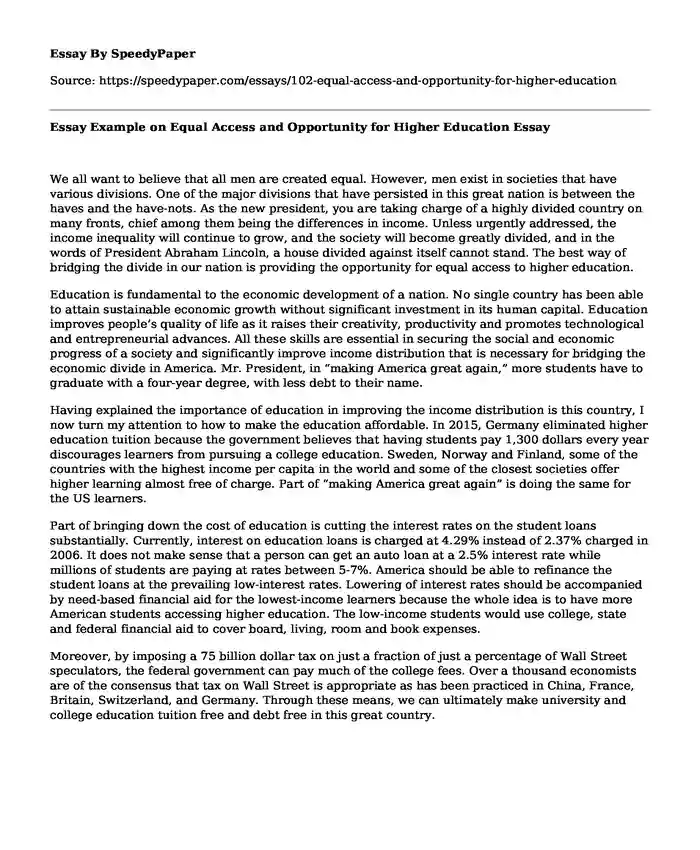 Essay Example on Equal Access and Opportunity for Higher Education