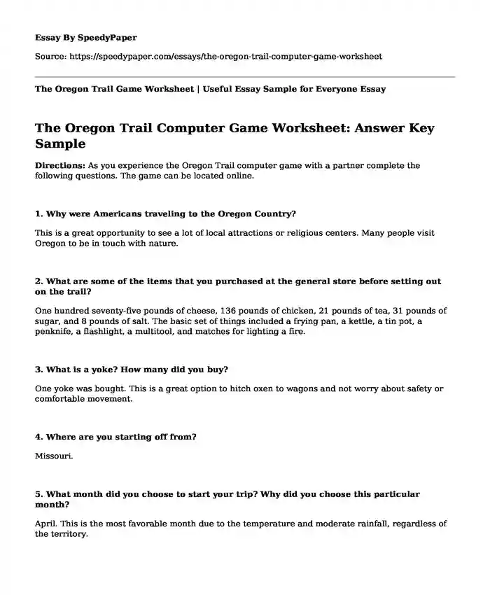 The Oregon Trail Game Worksheet | Useful Essay Sample for Everyone