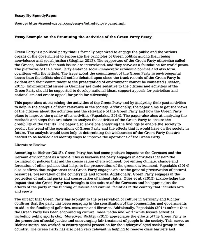 Essay Example on the Examining the Activities of the Green Party