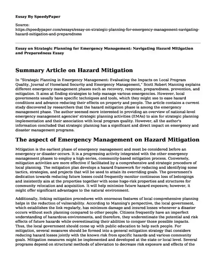 Essay on Strategic Planning for Emergency Management: Navigating Hazard Mitigation and Preparedness