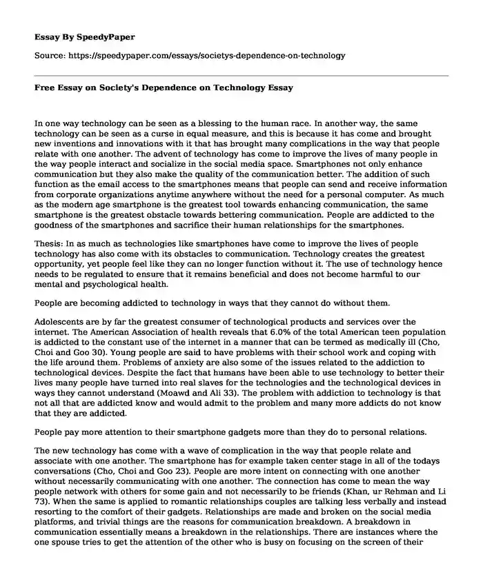 Free Essay on Society's Dependence on Technology
