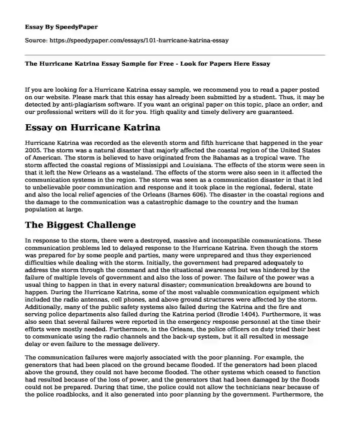 The Hurricane Katrina Essay Sample for Free - Look for Papers Here