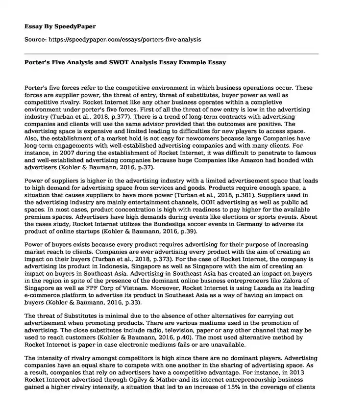 Porter's Five Analysis and SWOT Analysis Essay Example